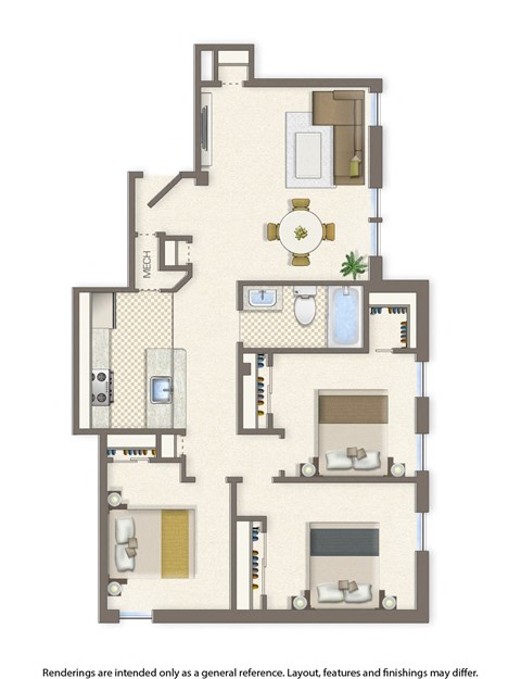 Floor plan for 3 beds, 1 bath, 890 sqft
